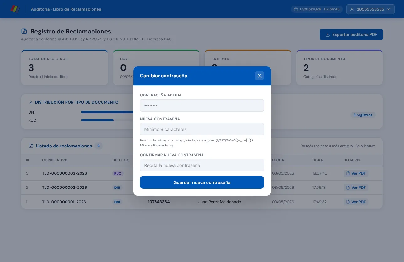 Cambio de contraseña del panel administrador